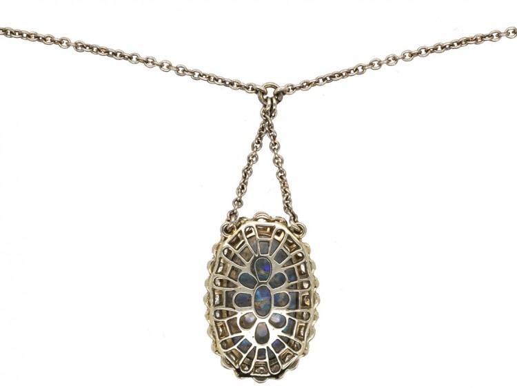 Edwardian Platinum Diamond & Opal Pendant on Platinum Chain