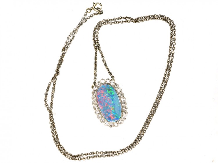 Edwardian Platinum Diamond & Opal Pendant on Platinum Chain