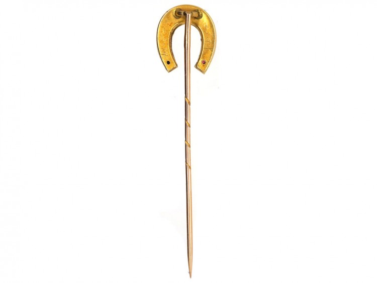 Victorian Gold Horseshoe Tie Pin Set With Rubies & Natural Split Pearls