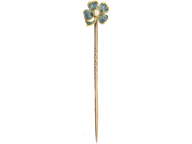 Edwardian 15ct Gold & Enamel Four Leaf Clover Tie Pin