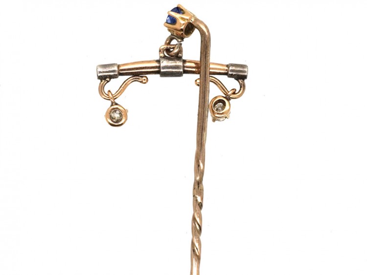 15ct Gold & Platinum Plough Share Sapphire & Diamond Tie Pin