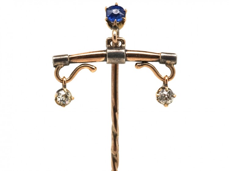 15ct Gold & Platinum Plough Share Sapphire & Diamond Tie Pin