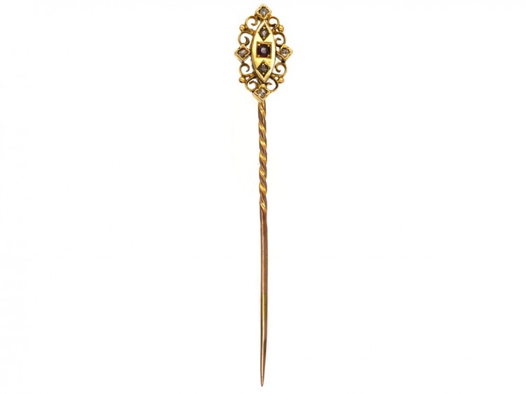 Victorian 15ct Gold Tie Pin Set With a Ruby & Rose Diamonds