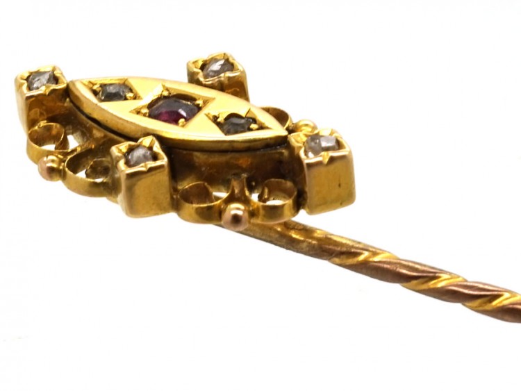 Victorian 15ct Gold Tie Pin Set With a Ruby & Rose Diamonds