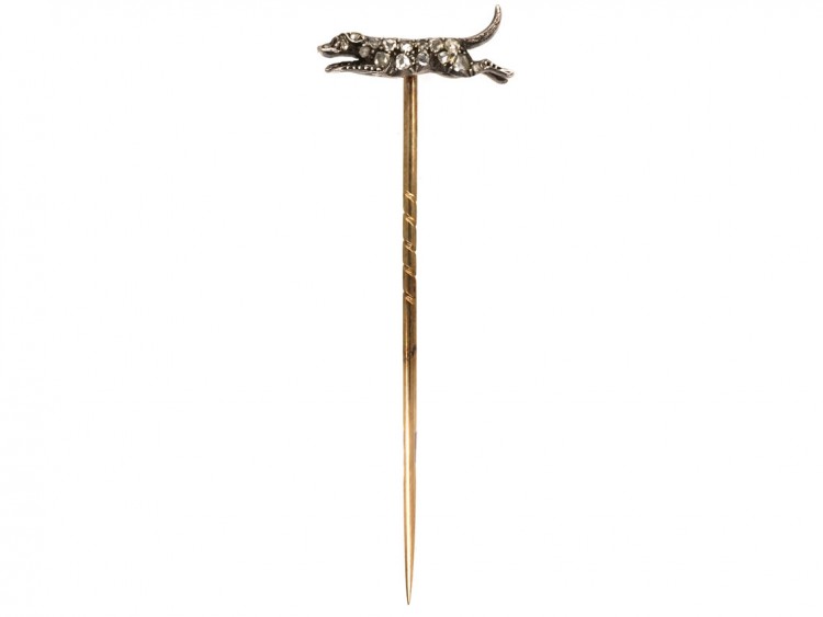 Edwardian Diamond Hound Tie Pin in Original Tessier Case