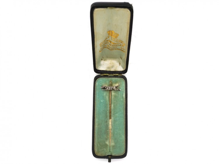 Edwardian Diamond Hound Tie Pin in Original Tessier Case