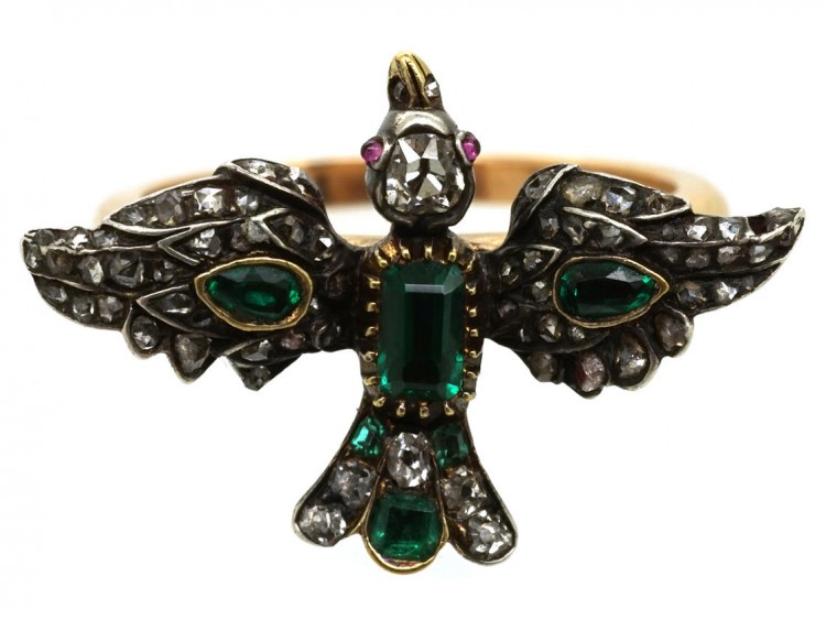 Georgian Emerald & Diamond Dove on an 18ct Gold Shank Ring