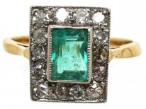 Art Deco 18ct Gold & Platinum, Rectangular Emerald & Diamond Ring