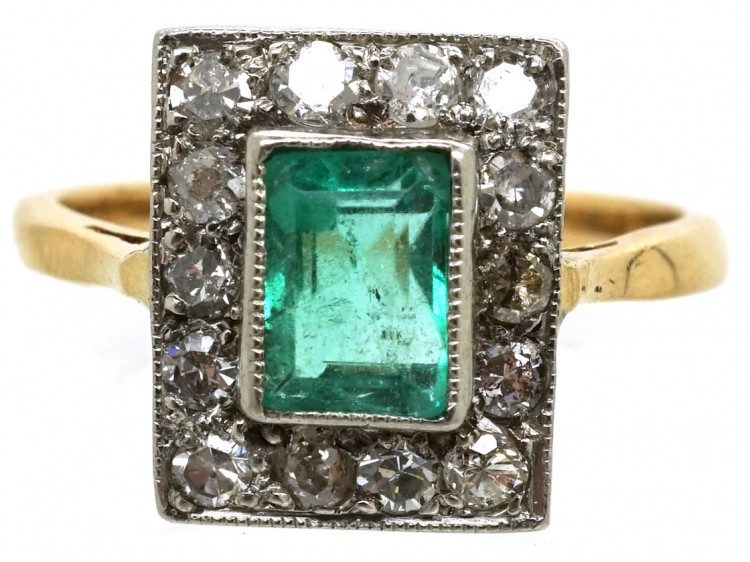 Art Deco 18ct Gold & Platinum, Rectangular Emerald & Diamond Ring