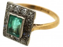 Art Deco 18ct Gold & Platinum, Rectangular Emerald & Diamond Ring
