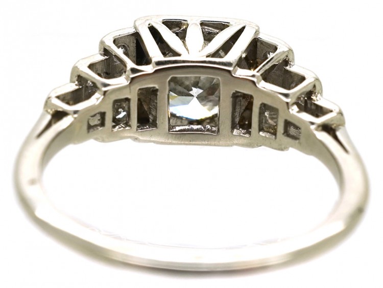 Palladium Single Stone Diamond Ring With Stepped Diamond Shoulders