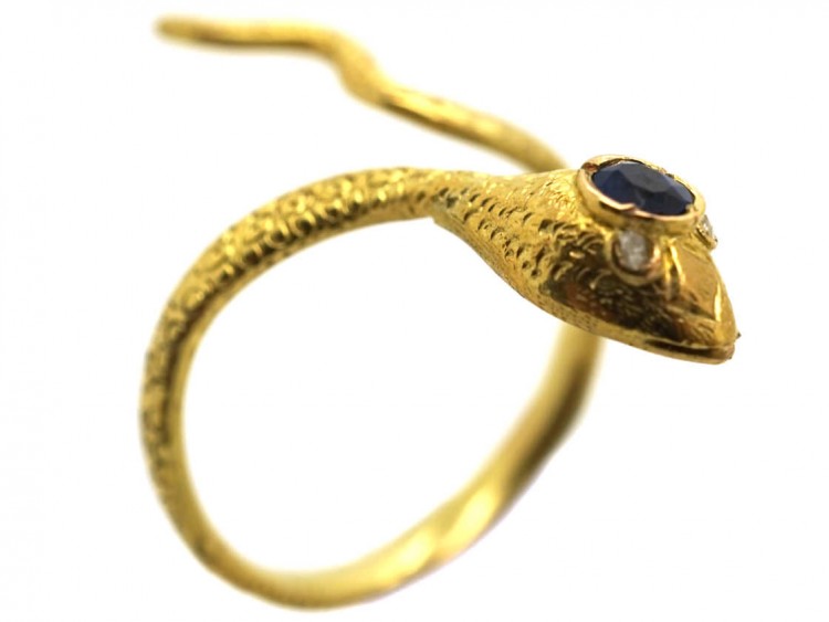 Edwardian 18ct Gold Snake Ring Set With a Sapphire & Diamond Eyes
