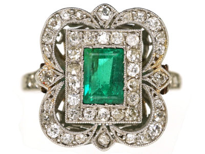 Art Deco Platinum, Emerald & Diamond Rectangular Ring