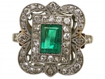 Art Deco Platinum, Emerald & Diamond Rectangular Ring