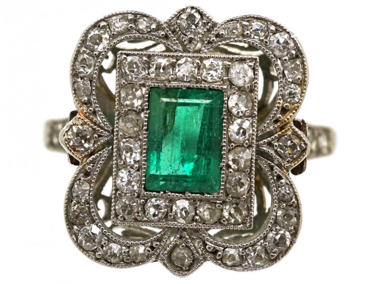 Art Deco Platinum, Emerald & Diamond Rectangular Ring