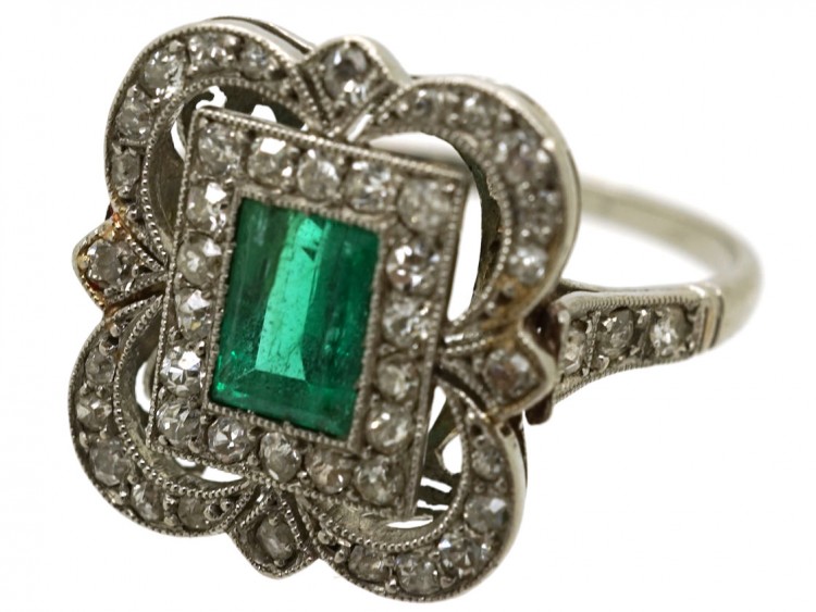 Art Deco Platinum, Emerald & Diamond Rectangular Ring