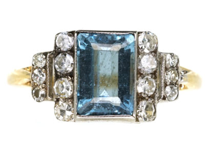 Art Deco 18ct Gold & Platinum, Aquamarine & Diamond Ring