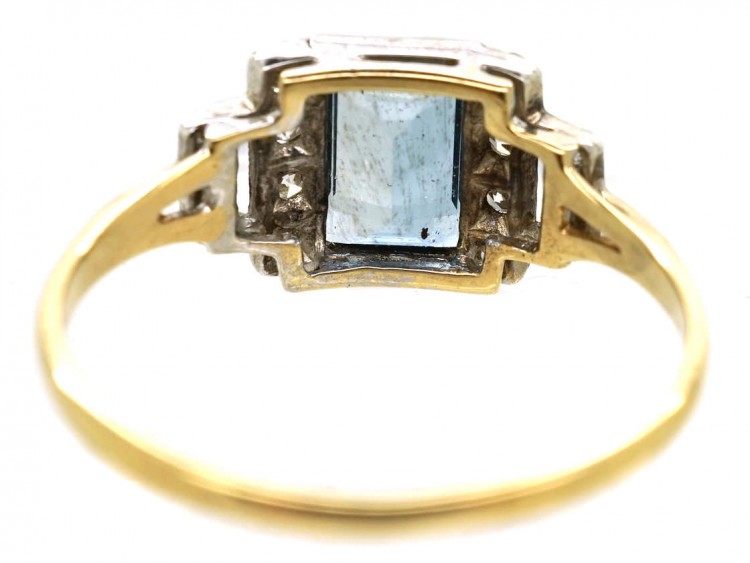 Art Deco 18ct Gold & Platinum, Aquamarine & Diamond Ring
