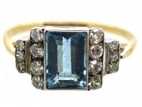 Art Deco 18ct Gold & Platinum, Aquamarine & Diamond Ring