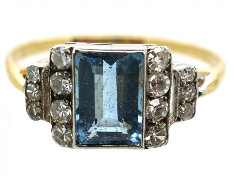Art Deco 18ct Gold & Platinum, Aquamarine & Diamond Ring