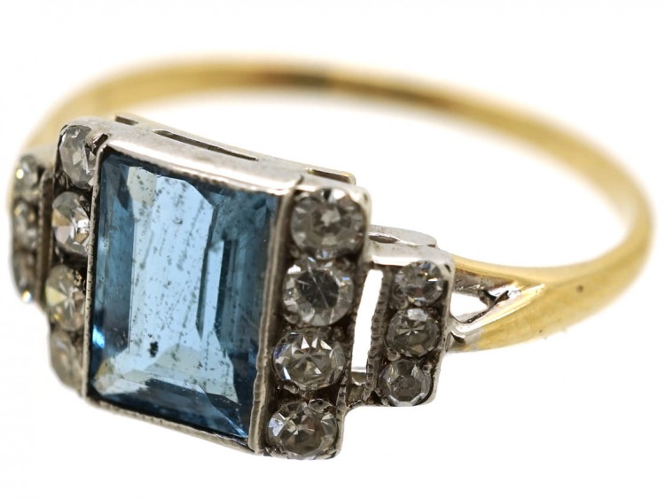 Art Deco 18ct Gold & Platinum, Aquamarine & Diamond Ring