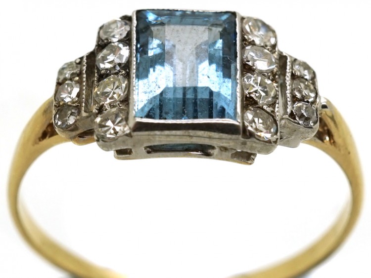 Art Deco 18ct Gold & Platinum, Aquamarine & Diamond Ring