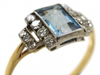 Art Deco 18ct Gold & Platinum, Aquamarine & Diamond Ring