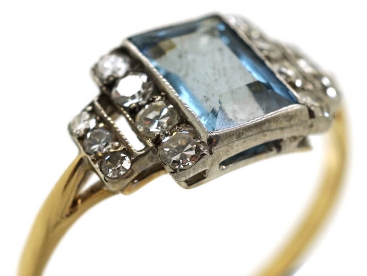Art Deco 18ct Gold & Platinum, Aquamarine & Diamond Ring