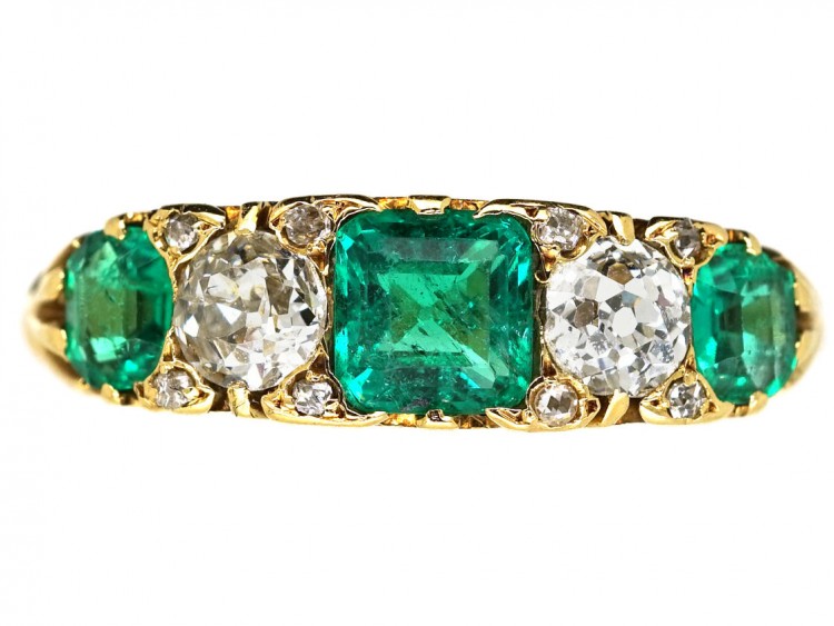 Victorian 18ct Gold, Emerald & Diamond Five Stone Carved Half Hoop Ring