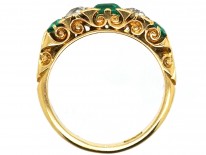 Victorian 18ct Gold, Emerald & Diamond Five Stone Carved Half Hoop Ring