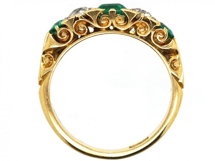 Victorian 18ct Gold, Emerald & Diamond Five Stone Carved Half Hoop Ring