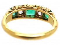 Victorian 18ct Gold, Emerald & Diamond Five Stone Carved Half Hoop Ring