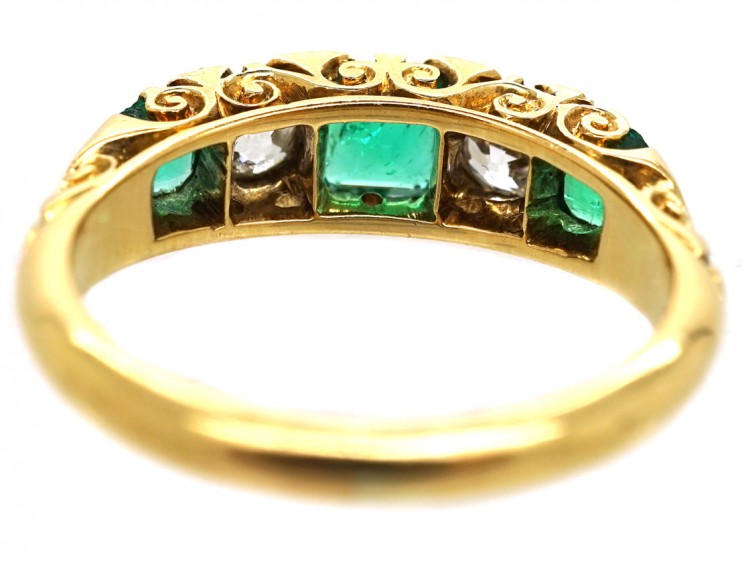 Victorian 18ct Gold, Emerald & Diamond Five Stone Carved Half Hoop Ring