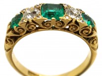 Victorian 18ct Gold, Emerald & Diamond Five Stone Carved Half Hoop Ring