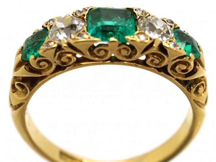 Victorian 18ct Gold, Emerald & Diamond Five Stone Carved Half Hoop Ring