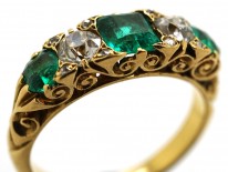 Victorian 18ct Gold, Emerald & Diamond Five Stone Carved Half Hoop Ring