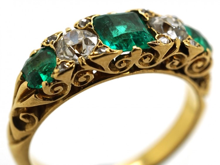 Victorian 18ct Gold, Emerald & Diamond Five Stone Carved Half Hoop Ring