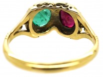 Victorian 18ct Gold Double Heart Ring Set With a Ruby & an Emerald