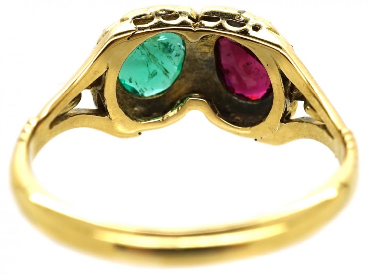 Victorian 18ct Gold Double Heart Ring Set With a Ruby & an Emerald