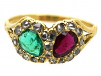 Victorian 18ct Gold Double Heart Ring Set With a Ruby & an Emerald