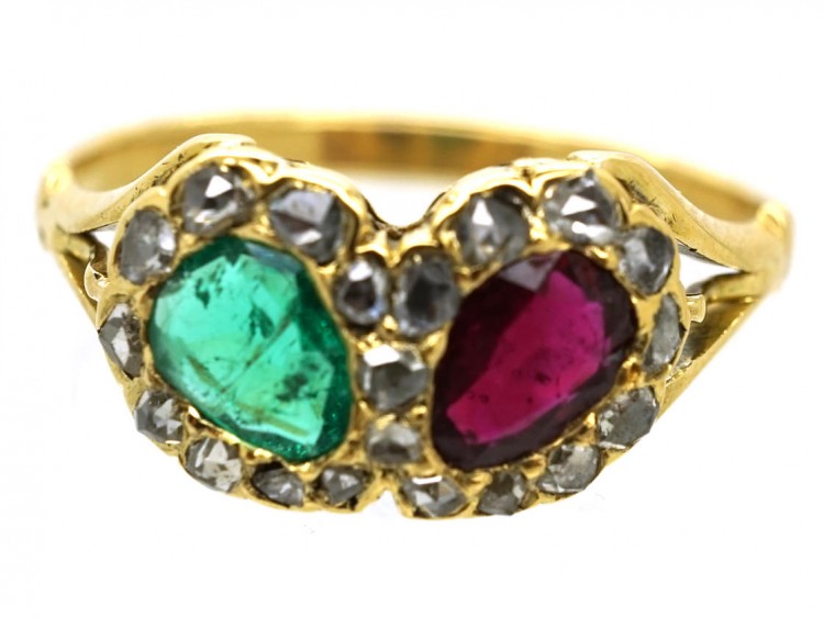 Victorian 18ct Gold Double Heart Ring Set With a Ruby & an Emerald