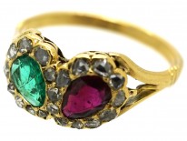Victorian 18ct Gold Double Heart Ring Set With a Ruby & an Emerald