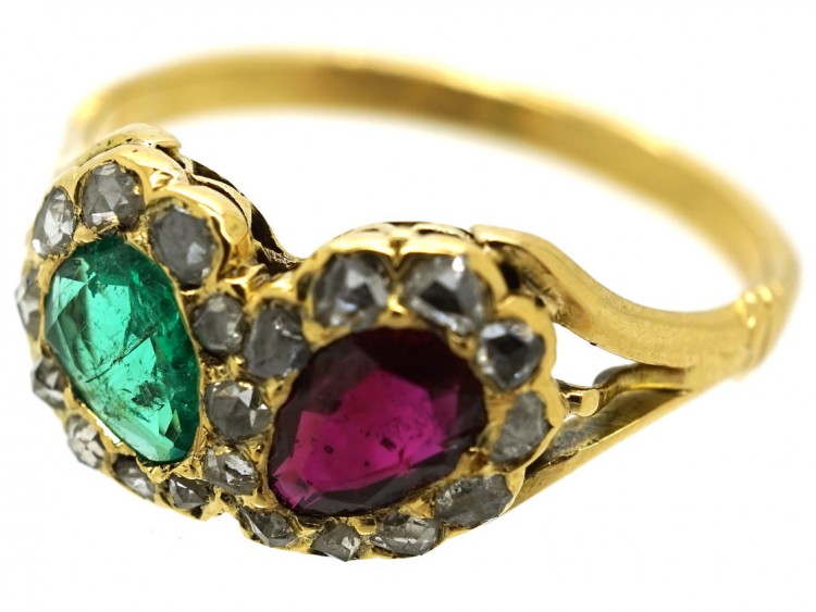 Victorian 18ct Gold Double Heart Ring Set With a Ruby & an Emerald