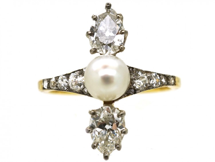 Edwardian 14ct Gold & Platinum, Diamond & Natural Pearl Ring