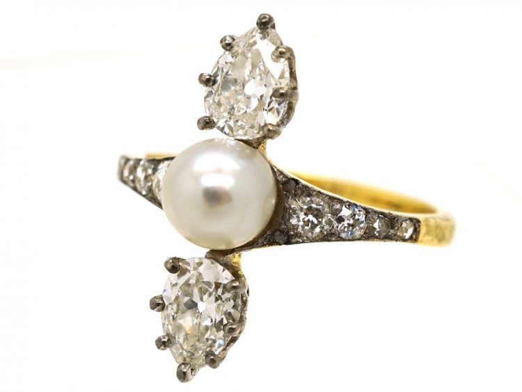 Edwardian 14ct Gold & Platinum, Diamond & Natural Pearl Ring