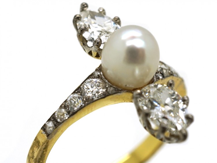 Edwardian 14ct Gold & Platinum, Diamond & Natural Pearl Ring