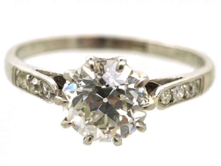 Art Deco Platinum & Diamond Solitaire Ring With Diamond Set Shoulders