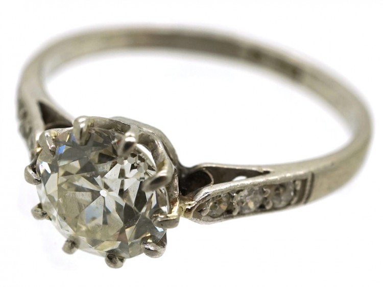 Art Deco Platinum & Diamond Solitaire Ring With Diamond Set Shoulders
