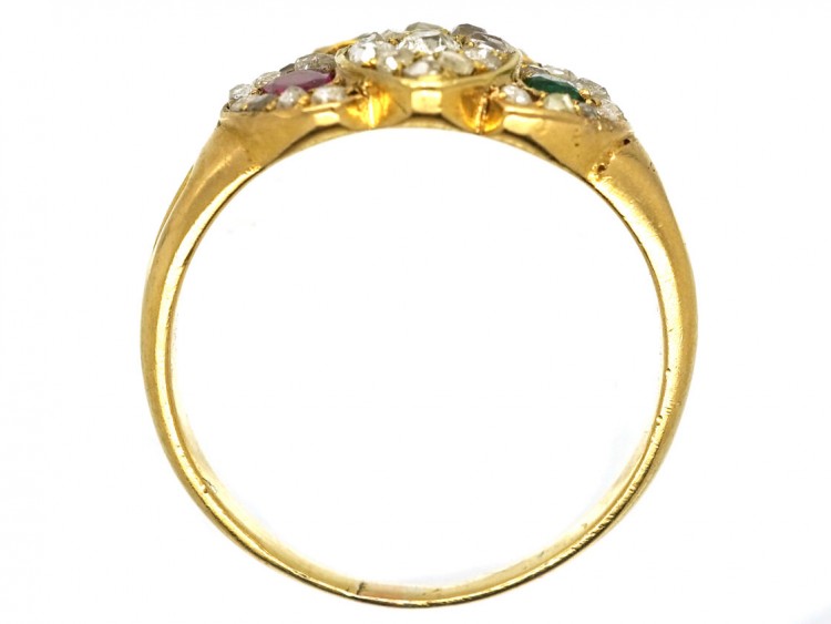 Edwardian 18ct Gold Triple Heart Diamond Ruby & Emerald Ring