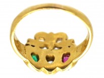 Edwardian 18ct Gold Triple Heart Diamond Ruby & Emerald Ring